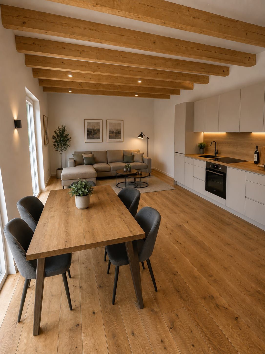 Wohnraum mit Holzbalkendecke, Küche und Essplatz