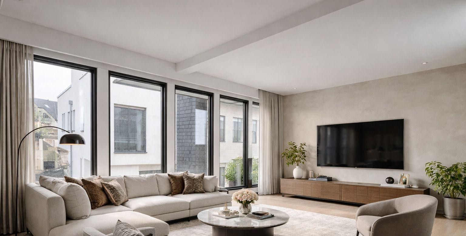 Wohnzimmer mit hohen Fenstern